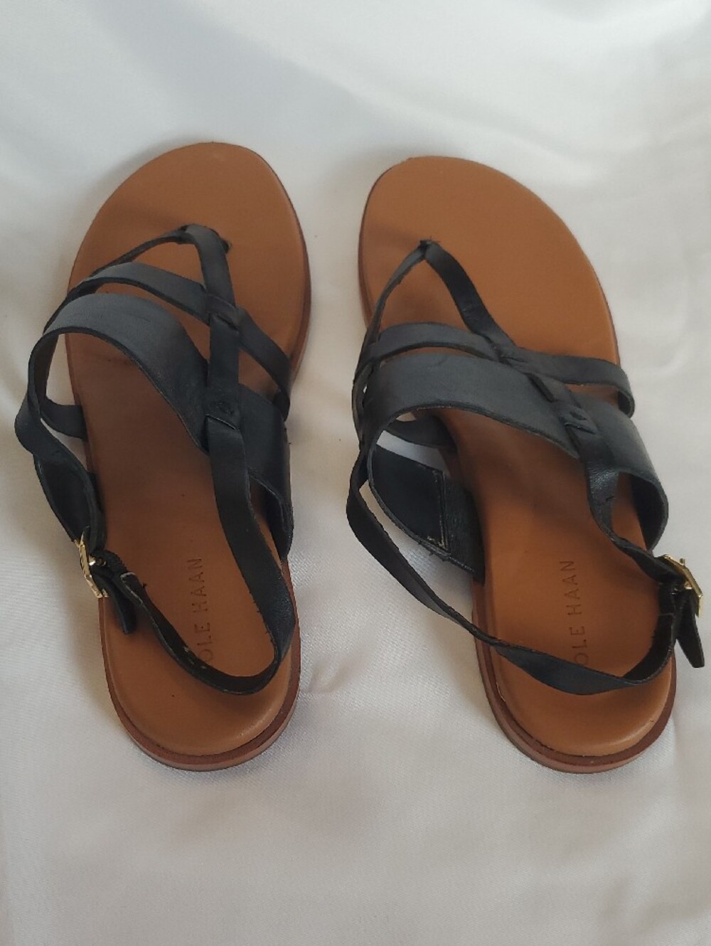 Cole Haan Black Leather Strappy T‑Bar Sandals Flat Shoes Women's 7 - Picture 3 of 8